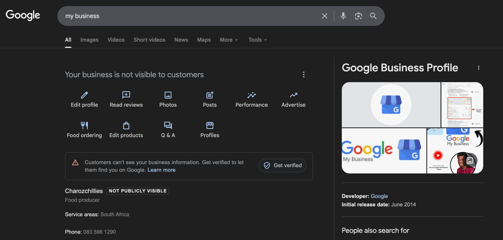 Google Business Profile dashboard showing Charozchillies marked 'not publicly visible' with a prompt to get verified