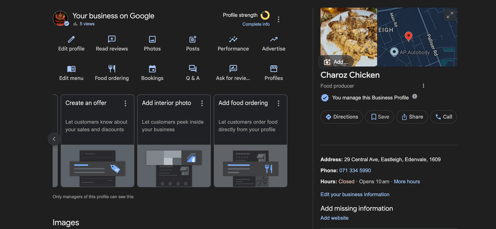 Charoz Chicken profile showing 5 views, an incomplete profile strength ring and prompts to add a menu, photos and website