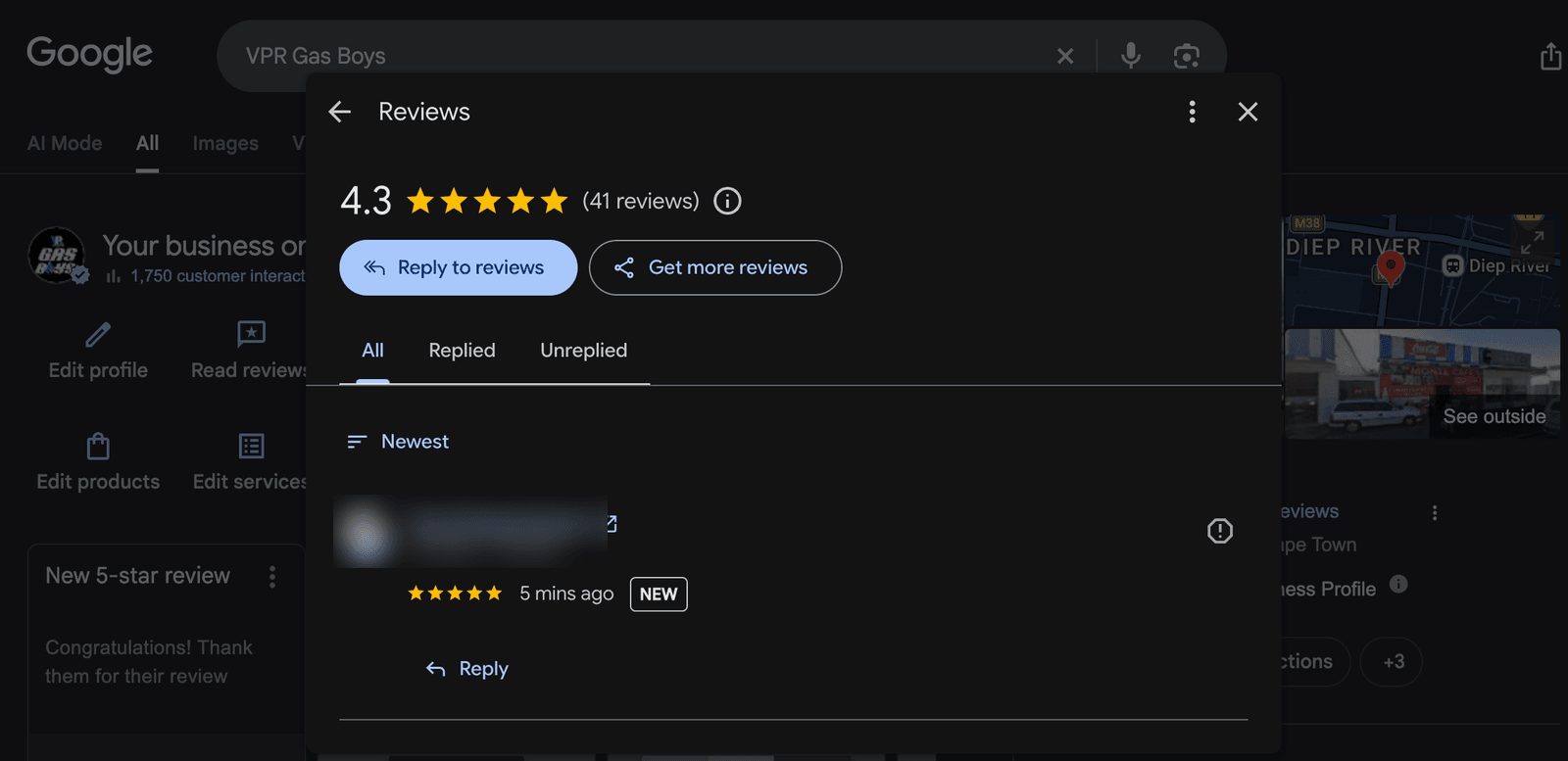 VPR Gas Boys profile showing a 4.3 star rating from 41 reviews, 1,750 customer interactions, and a new review awaiting a reply
