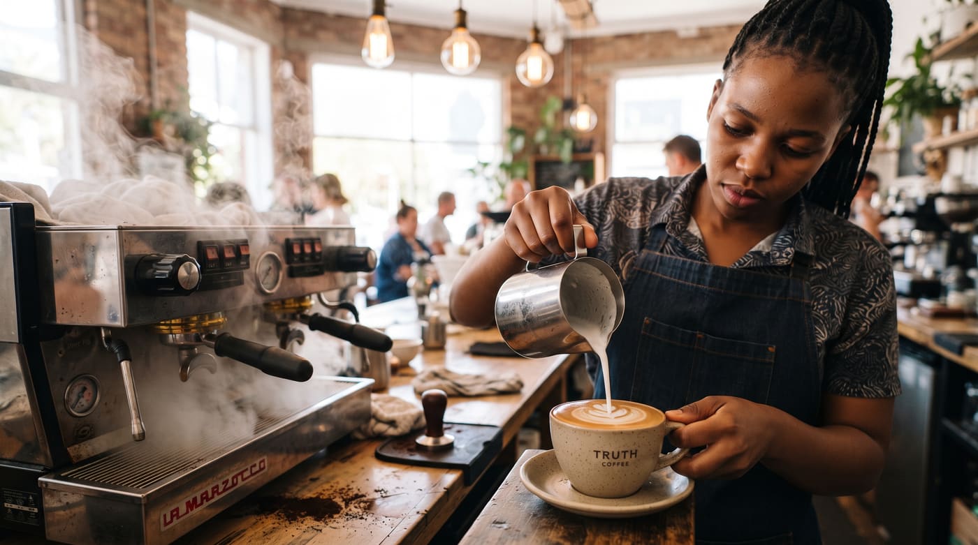 A barista pouring latte art behind an espresso machine in a coffee shop