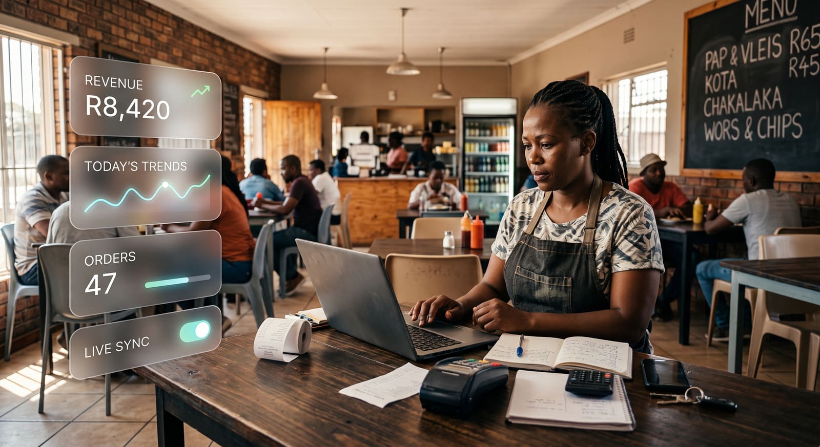A restaurant owner working on a laptop in her busy shop, with a dashboard showing revenue, order counts and live sync status