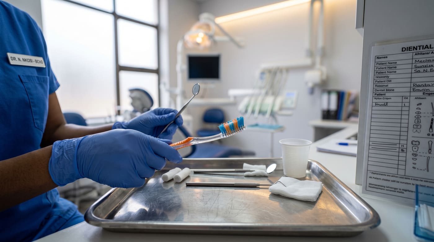A dentist in gloves preparing instruments on a tray in a clean treatment room