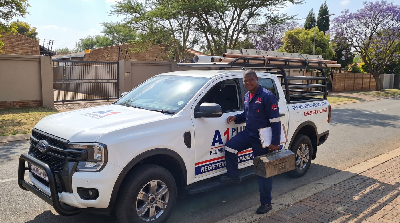 A plumber standing with his toolbox beside a branded bakkie