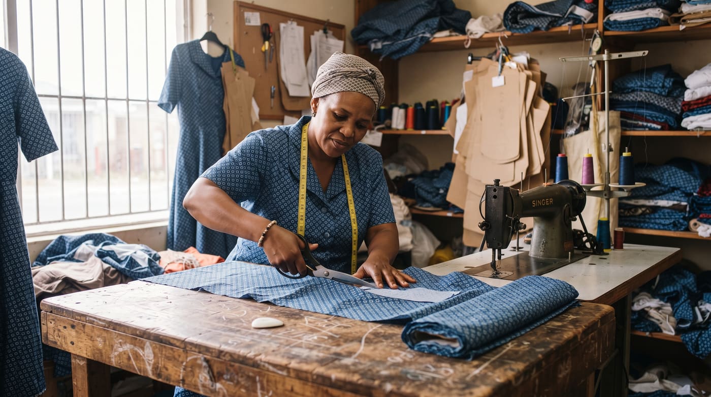 A seamstress cutting patterned fabric at her workbench, surrounded by stock