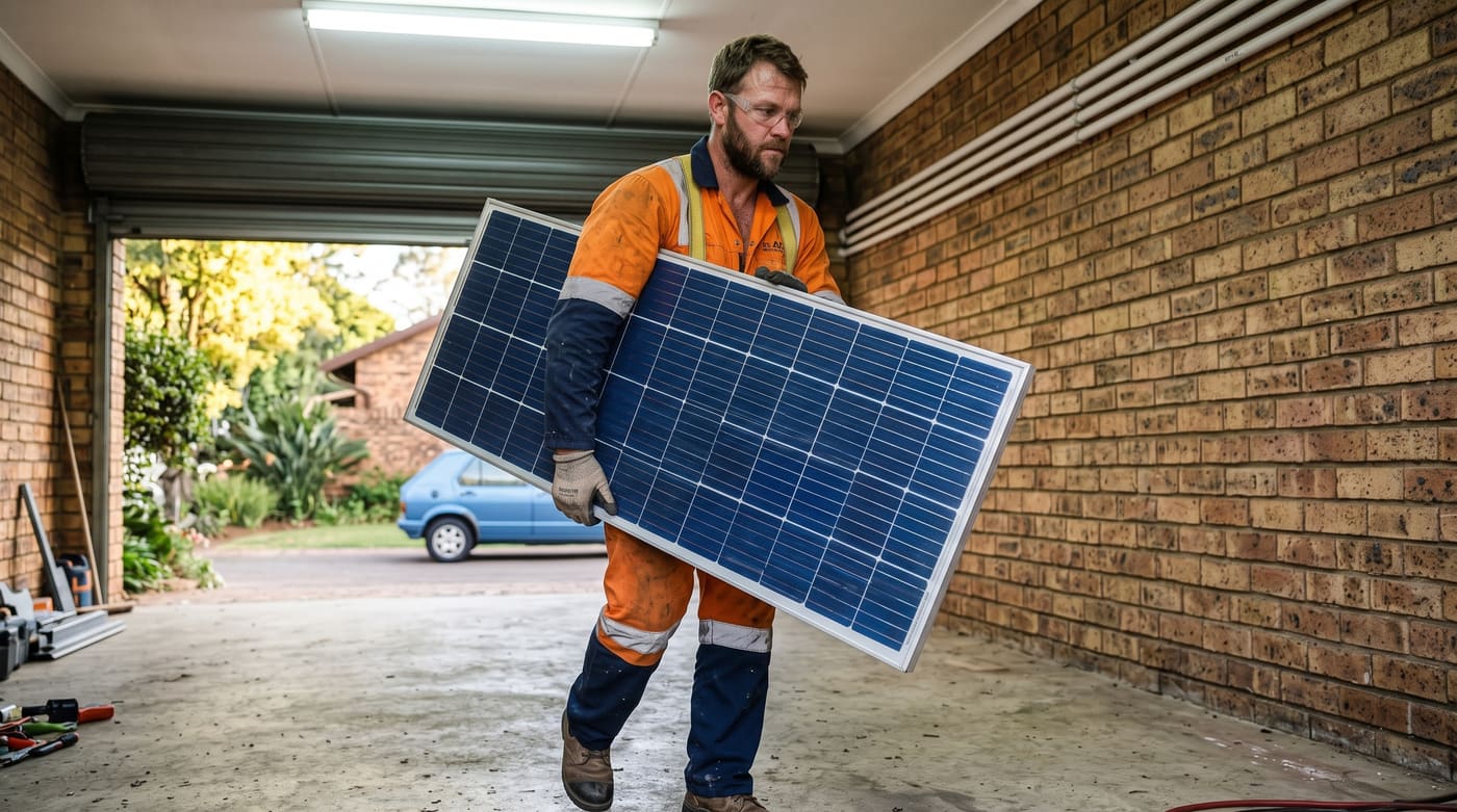 A technician in high-visibility workwear carrying a solar panel on site